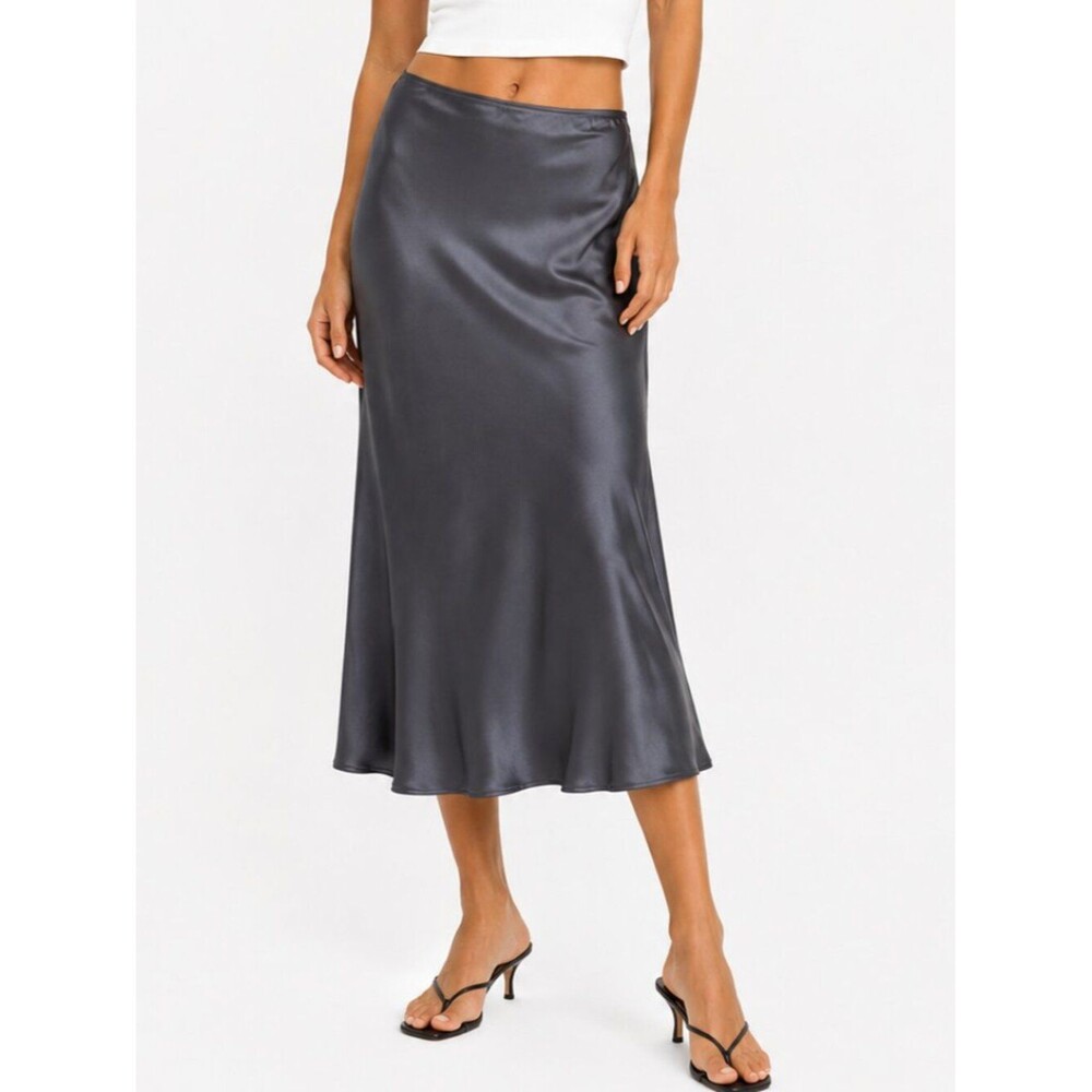 GU Satin Slip Maxi Skirt Gray Size Large A-Line Bias Cut Minimalist Midi Skirt
